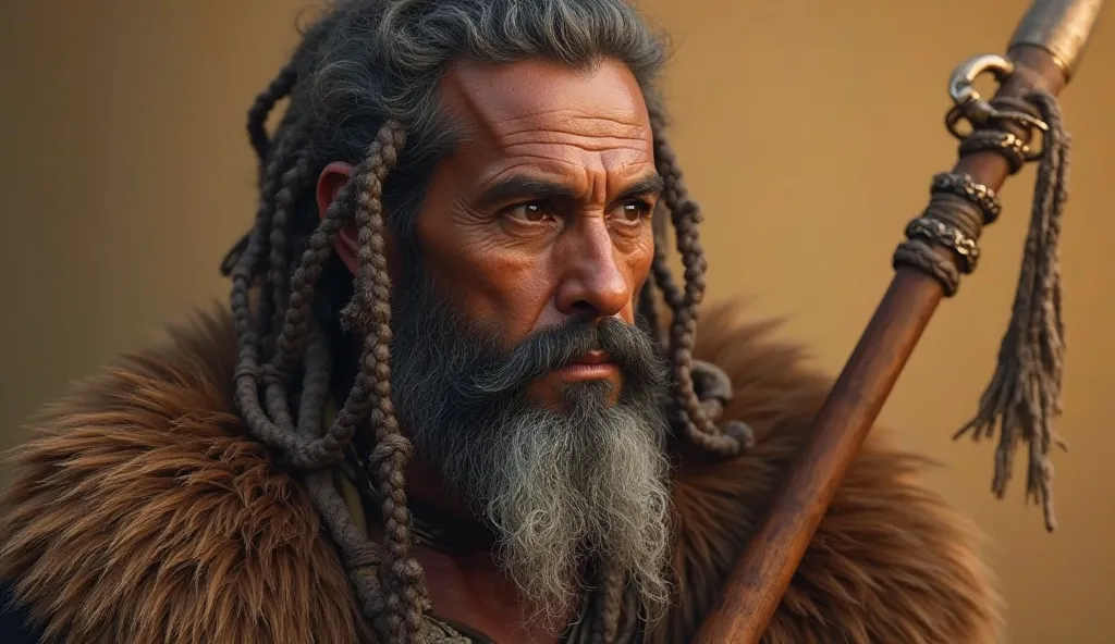 A middle aged brown man with dreadlocks and beards and grey hair, wearing brown sleeveless robe made from animal fur skin, holding a spear, 3d realisitc, amber filter, highly detailed features, close-up view