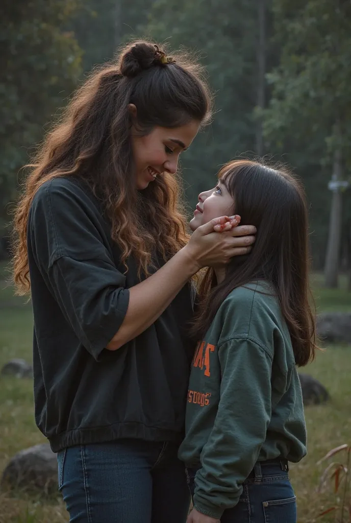 I want a 26-year-old woman with a  student in front of her. She has a wolf on the head and they bite half a heart with their hands at night. In a park, the girl's shirt says “What” and the woman's shirt is wearing Hasnawi 