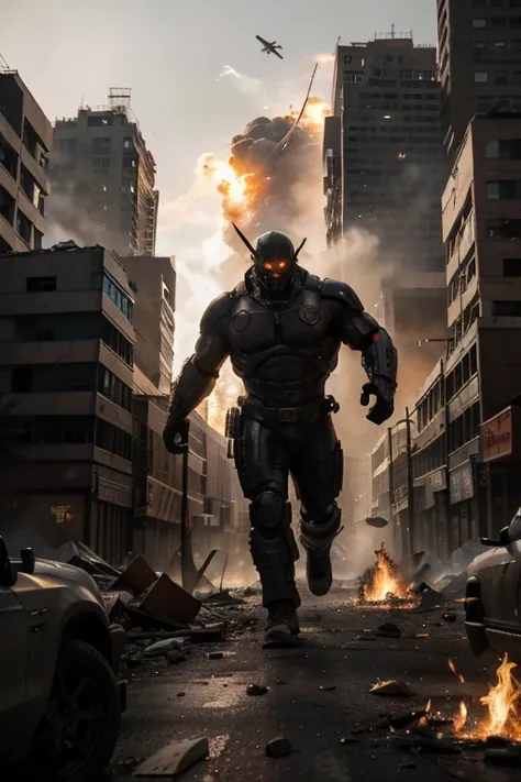 "A colossal humanoid figure towers over a modern city, its massive hands crushing skyscrapers as debris and smoke fill the air. The giant has glowing eyes and a menacing, battle-worn appearance, with cracks and scars across its metallic or stone-like skin....