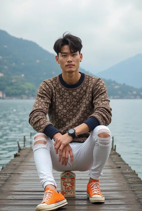 Realistic image of a handsome Korean man, trendy short hair, wearing a Gucci sweater with a signature GG pattern, a few tattoos on his arms, a black watch, tight white jeans with ripped knees, orange converse shoes, sitting on a wooden pier, cloudy sky, la...