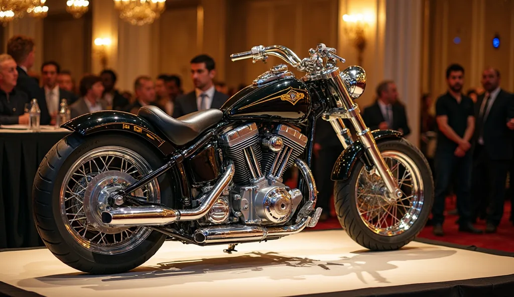 A vintage Bourget chopper displayed on a raised platform at a high-end motorcycle auction. The bike gleams under soft golden lights, with an auctioneer and wealthy collectors in the background. The scene has an elegant, luxurious feel, highlighting the col...