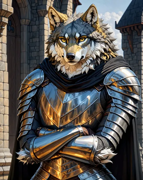 masterpiece, absurdres, hyper detailed, 4k, UHD, (((solo))) 1adult male, gray wolf, Yellow eyes, (serious look) (crossed arms) knight, Armor, black-Cloak, standing, upper body,