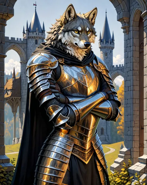 masterpiece, absurdres, hyper detailed, 4k, UHD, (((solo))) 1adult male, gray wolf, Yellow eyes, (serious look) (crossed arms) knight, Armor, black-Cloak, standing, upper body,