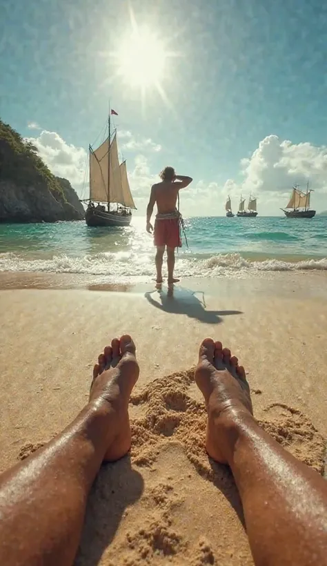 An ultra-realistic first-person scene (throw) of an indigenous hiker barefoot on the hot sand of a pristine beach in Brazil in 1500. The protagonist's hands appear in the foreground, gently touching the fine surface of the sand while Feel the salty breeze ...