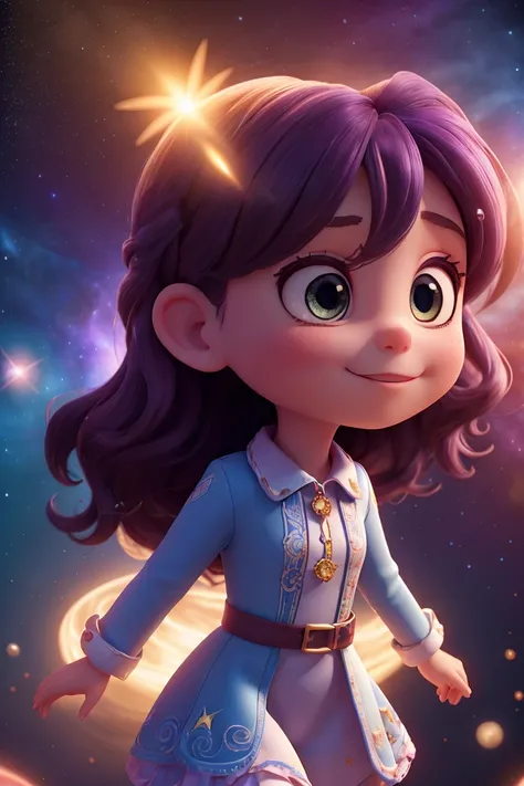 "A cute young girl with long flowing hair, wearing a whimsical outfit, flying through a magical, otherworldly space inside a sleek, futuristic time machine. The space around her is filled with glowing stars, swirling nebulae, and ethereal light trails, cre...