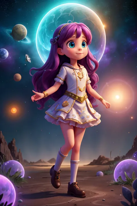 "A cute young girl with long flowing hair, wearing a whimsical outfit, flying through a magical, otherworldly space inside a sleek, futuristic time machine. The space around her is filled with glowing stars, swirling nebulae, and ethereal light trails, cre...