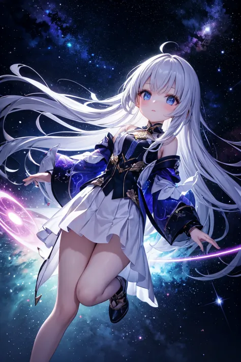 "A cute young girl with long flowing hair, wearing a whimsical outfit, flying through a magical, otherworldly space inside a sleek, futuristic time machine. The space around her is filled with glowing stars, swirling nebulae, and ethereal light trails, cre...