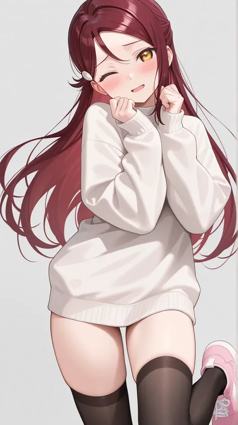 masterpiece,best quality , 1 girl , looking at viewer  , sakurauchi riko , from front , simple background , smile , open mouth , standing on one leg, blush , hands up, white sweater , long sleeves , head tilt , black thighhighs , shy , inner thigh , wink ,...