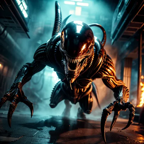 Inside a dark alien spaceship filled with metallic, damp corridors, a fierce and determined cat hunts xenomorph aliens. It wears a small tactical armor and holds a futuristic rifle adapted for its paws. The environment is eerie, lit only by flickering ligh...