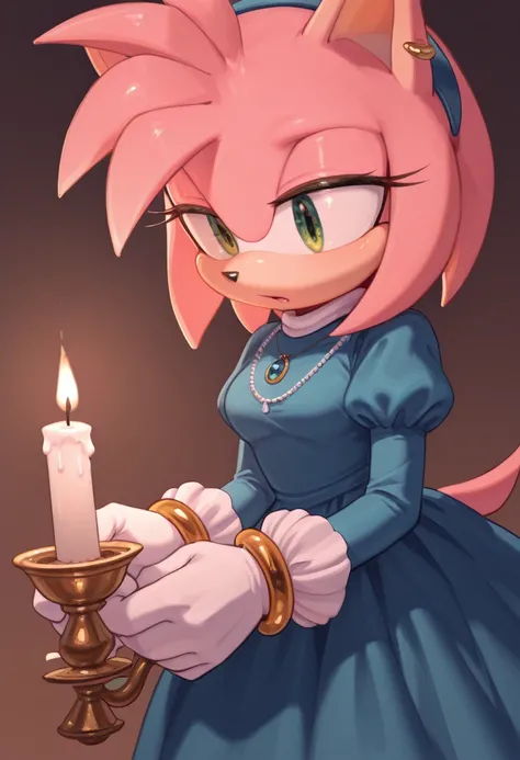 sonic holding a candle and holding a candle wick in her hand, 1girl, candle, dress, green eyes, solo, jewelry, animal ears, furry, animal nose, simple background, holding, pink hair, puffy sleeves, furry female, candlestand, necklace, blue dress Amy Rose, ...