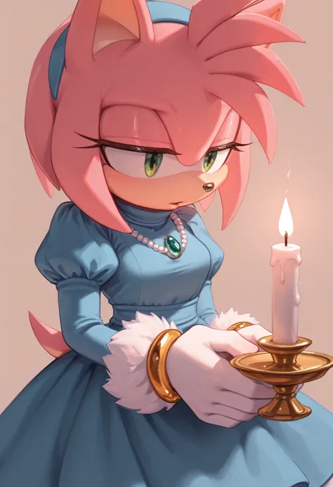 sonic holding a candle and holding a candle wick in her hand, 1girl, candle, dress, green eyes, solo, jewelry, animal ears, furry, animal nose, simple background, holding, pink hair, puffy sleeves, furry female, candlestand, necklace, blue dress Amy Rose, ...