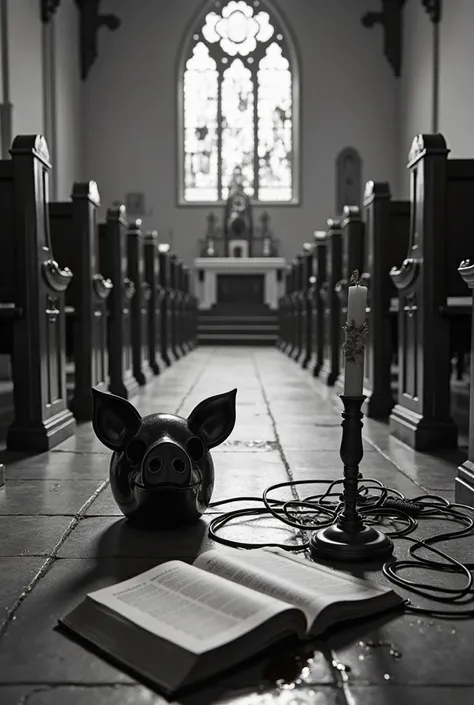 A black and white photograph of a deserted church, with the eerie aftermath of a rapper's death. The rapper's signature black pig mask is on the floor, near a vintage microphone and a tangle of cables. The church pews are overturned, and an open Bible lies...