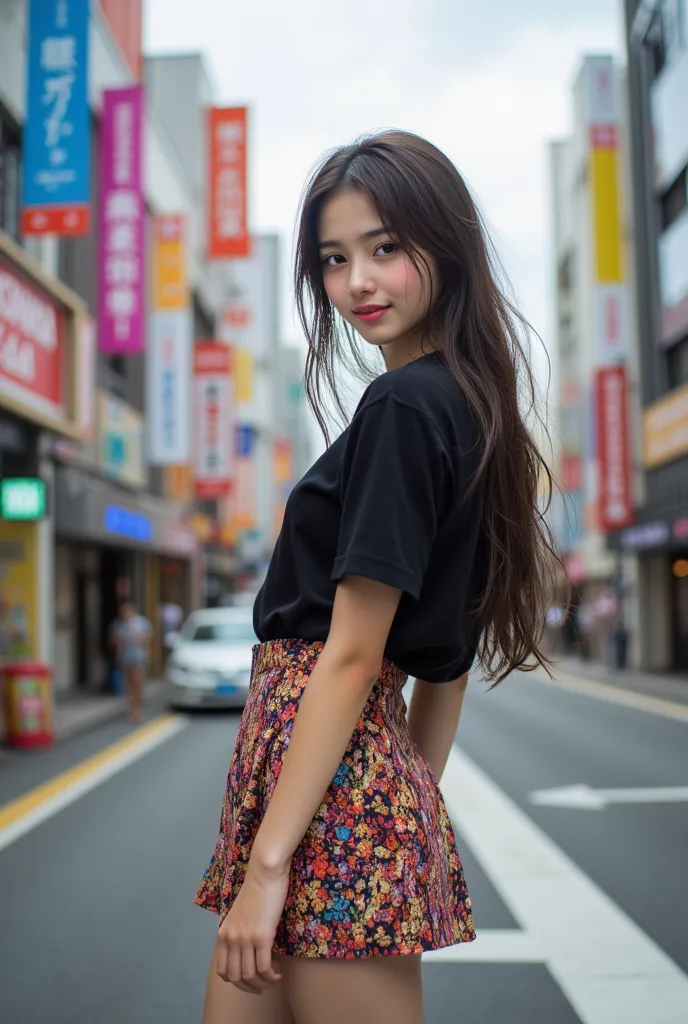 
Beautiful 17-year-old Ukrainian girl in a stylish miniskirt, magazine model, Shibuya city, smiling, saying hello, strong aerial perspective, strong depth of field, colorful city and clothes, model magazine cover quality, 8K