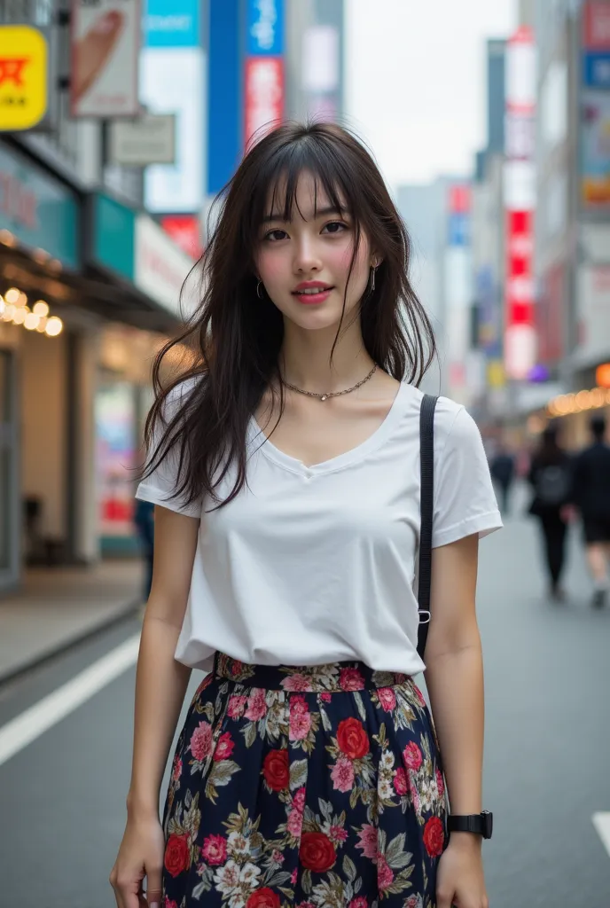 
Beautiful 17-year-old Ukrainian girl in a stylish miniskirt, magazine model, Shibuya city, smiling, saying hello, strong aerial perspective, strong depth of field, colorful city and clothes, model magazine cover quality, 8K