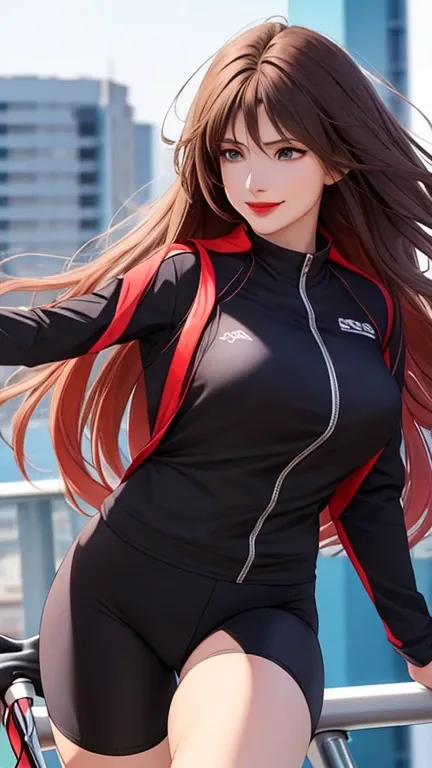 woman , long hair brown, normal, dark, she is solo, from alternative world ,best quality, realistic, cycling (full punch color) suit and cycling sports black shorts, she is stand , smile, red lipstick , 