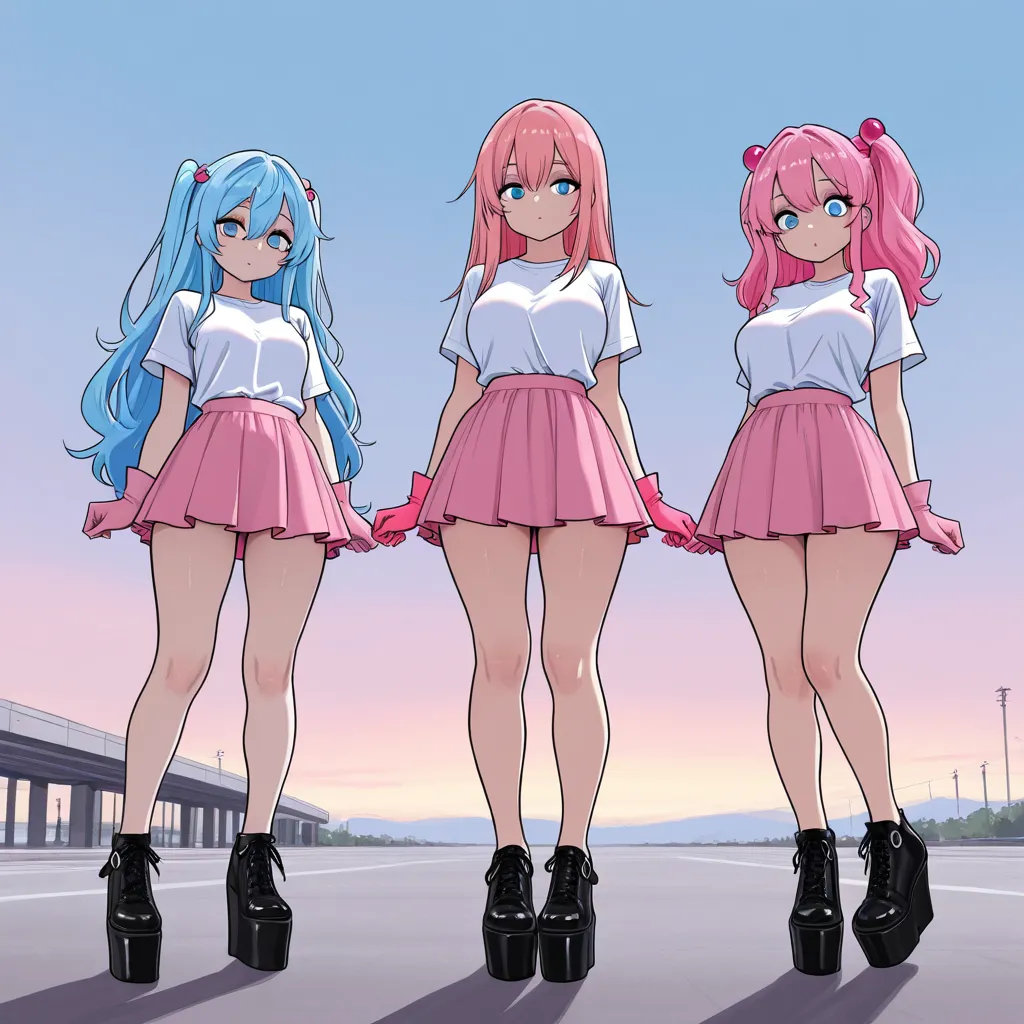 3girls, full body front, bare legs, standing uplight, light skin, pinkg long hair, sky blue eyes, white shirts, pink skirts, pink gloves, platform shoes, chairmasterpiece, best quality,amazing quality