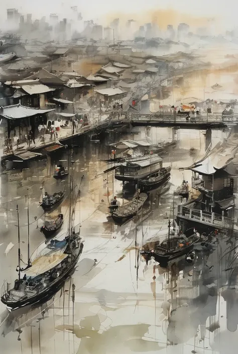 by Wu Guanzhong, ink and wash, shanghai Bund, (best quality, perfect masterpiece, Representative work, official art, Professional, high details, Ultra intricate detailed:1.3)