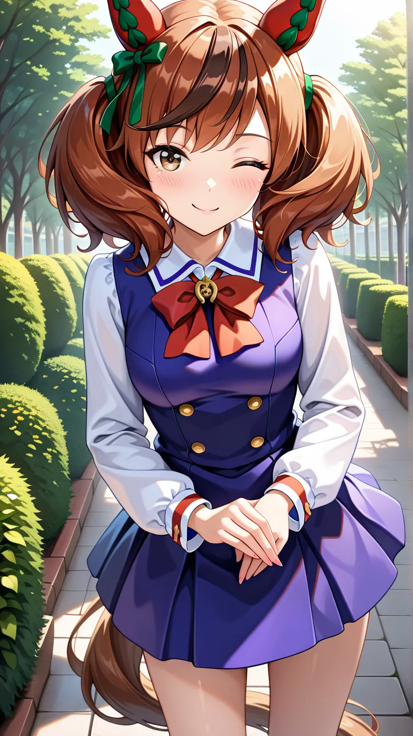 high resolution, masterpiece, accurate, anatomically correct, 最high quality,  high detail, high quality, very detailed, textured skin, ((Uma Musume)),(( source_Uma Musume)),(( nice nature)), wink,one girl,from the front,(( Torresen Academy uniform)),garden