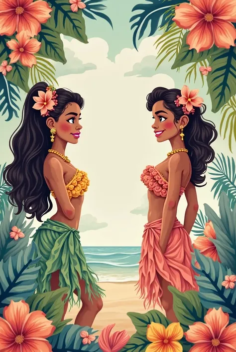 Flayer striking Hawaiian style with animated Hawaiian girls who are more tender and who are on the bottom of the flayer, That is to say that they do not cover all the space and that in the center of the flayer there is empty space, that around it is decora...