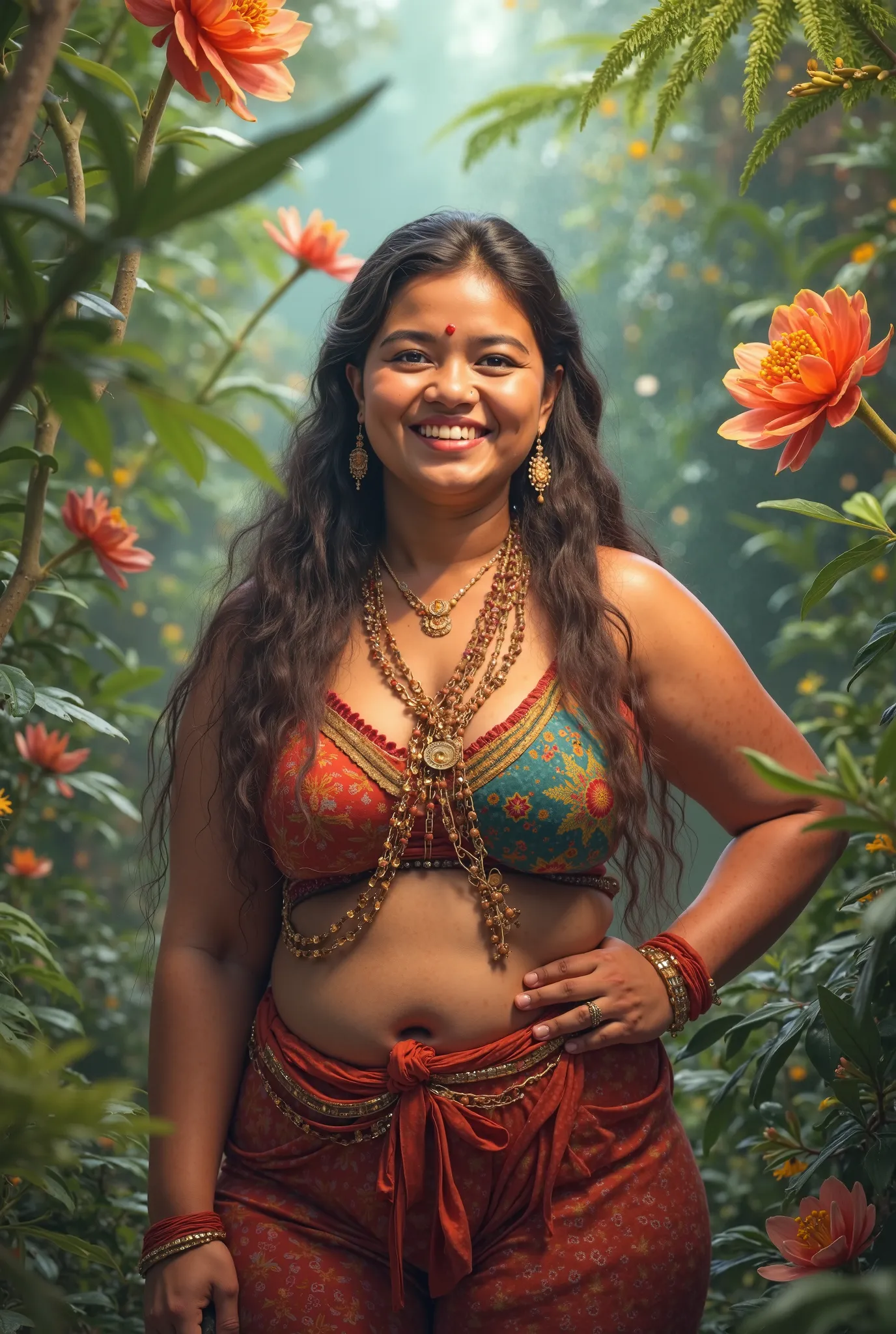 Nepali face smile, extremely big and beautiful,chhuby ,20 Year old standing on jungle , extremely big and beautiful thigh ,fat body , flowers are blooming 