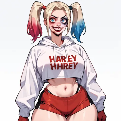 Harley Quinn as Jeff the killer, busty,white hoodie,bloody face,clothed,thick thighs 