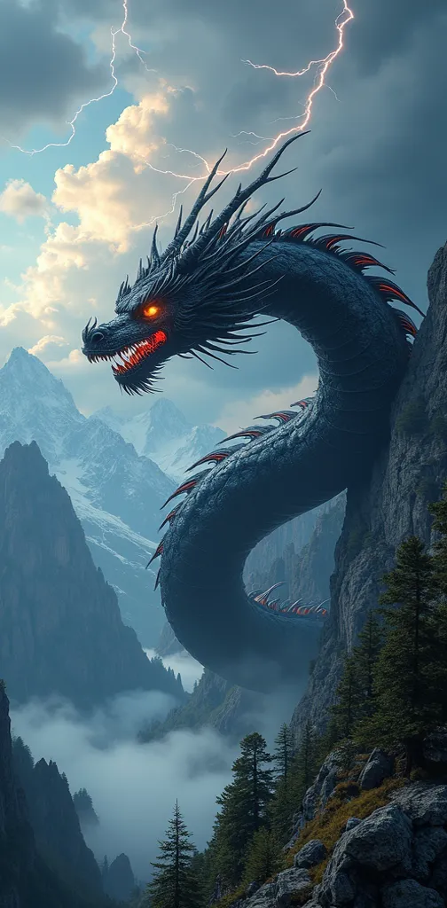 (((Oriental Dragon))),mountainous region,Black Dragon,Lightning strikes,Thundercloud,lightning,lightning,high resolution, masterpiece, high definition model,  high detail, Ultra Fine, very detailed, TOP QUALITY, glitter effects, Overlooking,  Fantastic,