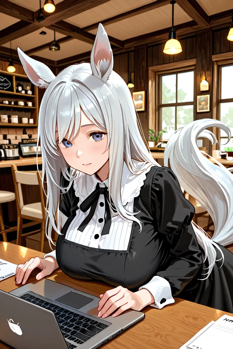 Women with horse ears and tails　The girl has short silver hair and big breasts　Clothes are a black dress and a thin fabric jumper　Location Cafe interior　laptop, and I'm working on a report form