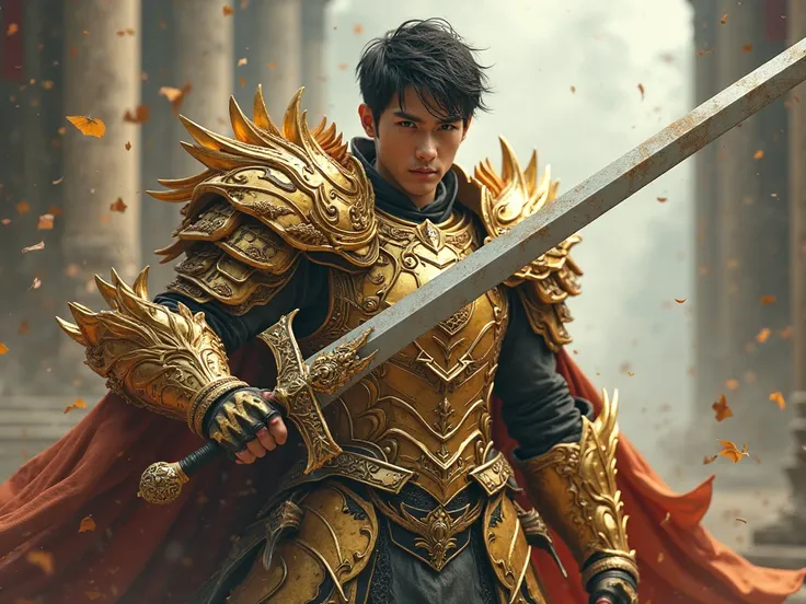 The right hand has a big sword, Gold dragon armor, Black-haired man in his 20s article