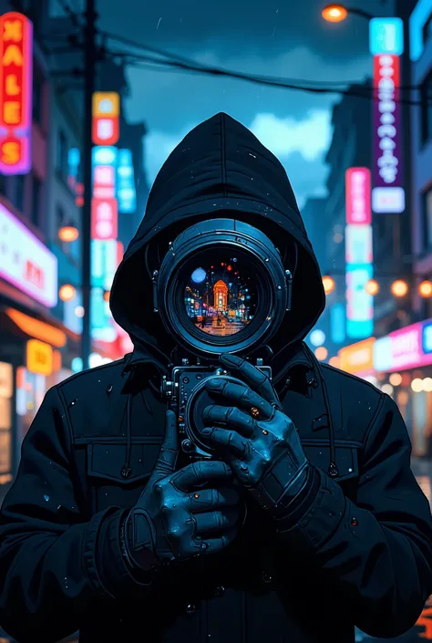 A mysterious hooded photographer stands in the heart of a neon-lit city at night, his face completely obscured by the large camera lens aimed directly at the viewer. The hood casts deep shadows over his face, making the glowing reflections in the lens the ...