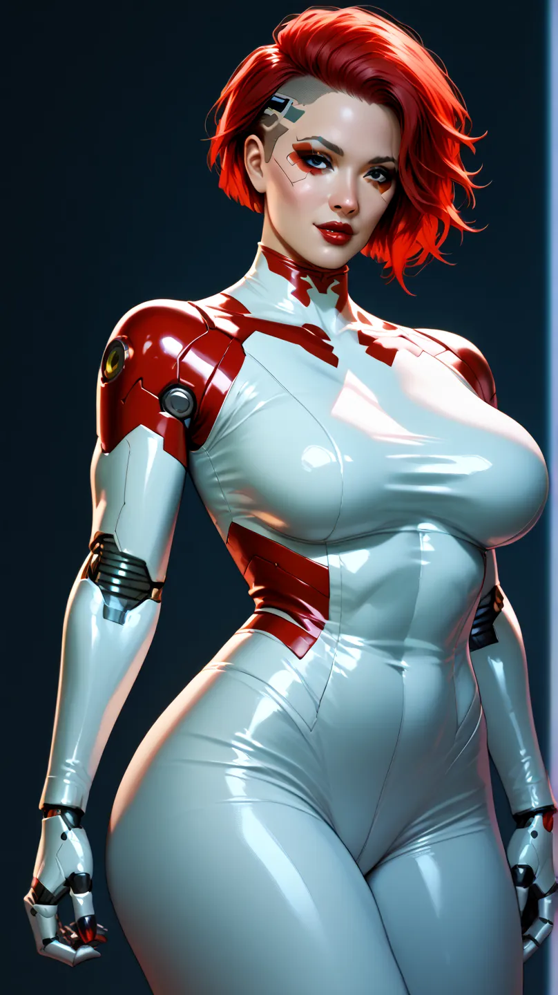 Cyborg woman short hair wavy black , red lips,  asian big boobs white latex clothing with red details Cyberpunk 2077( big boobs).