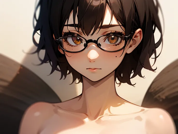 Quiet, Independent, Introvert, Shy, Bright brown eyes, Wearing glasses, pixie cut black hair. Elegant. There are moles on her collarbone and temple.