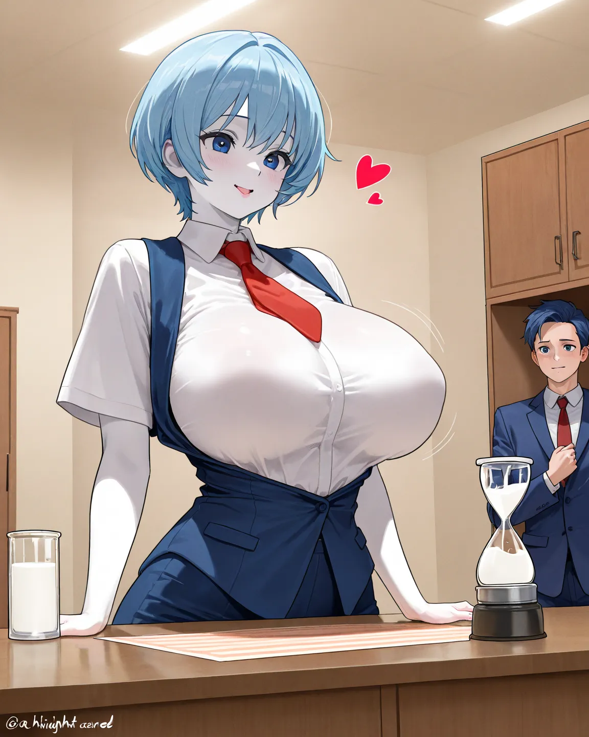 Women with short blue hair, blue eyes, heart-shaped face, white skin, beautiful appearance, perfect hourglass figure, large breasts, large breasts, big milk, giant milk, the highlight of the image is wearing a blue suit dress inside is a short-sleeved shir...