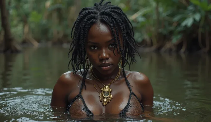 THERE ARE REN RUNNING AROUND YOU. YOU SEE 10 (10) mysterious and alluring  WOMAN WASHING EACH OTHER IN THE POND , THE DARK-SKINNED EBONY WOMAN  WOMAN , THEY ARE ALL TEXTURED highly detailed face and skin , (( dark skin)) big piercing blue eyes , roasted fi...