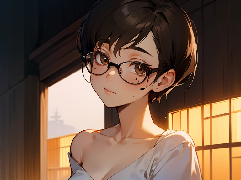 Quiet, Independent, Introvert, Shy, Bright brown eyes, Wearing glasses, short Pixie cut black hair. Elegant. There are moles on her collarbone and temple.