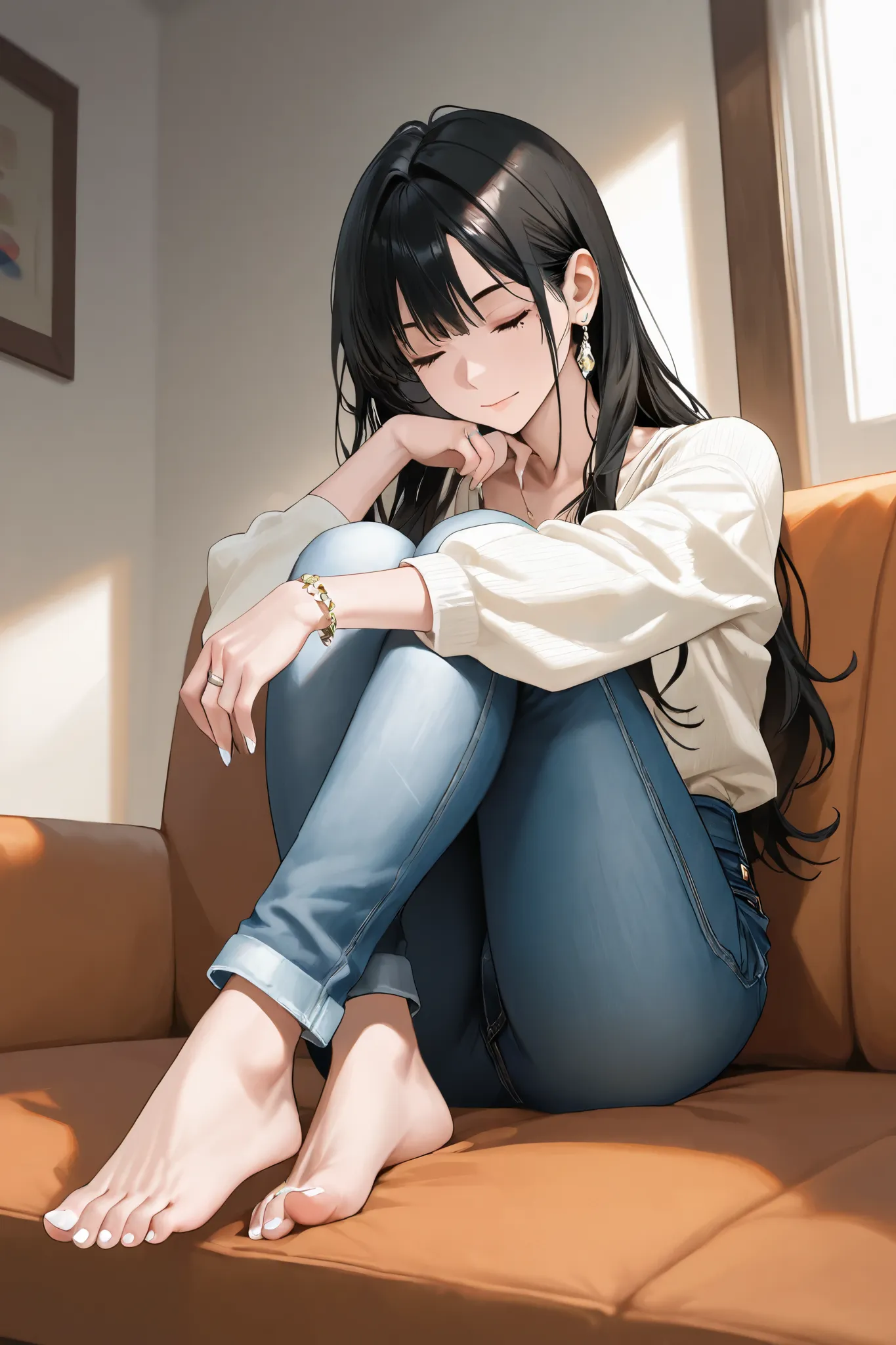 1girl, barefoot, denim, jeans, solo, pants, jewelry, toenails, toenail_polish, feet, nail_polish, black_hair, ring, closed_eyes, long_hair, mole, sitting, white_nails