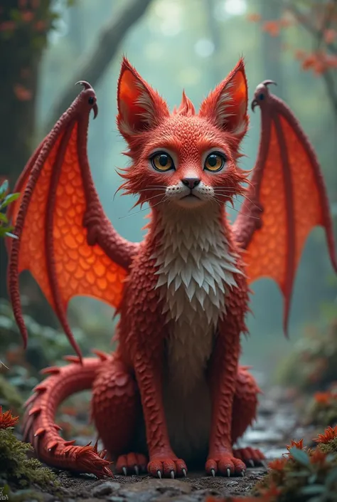 A red dog with cat like face and dragon wings