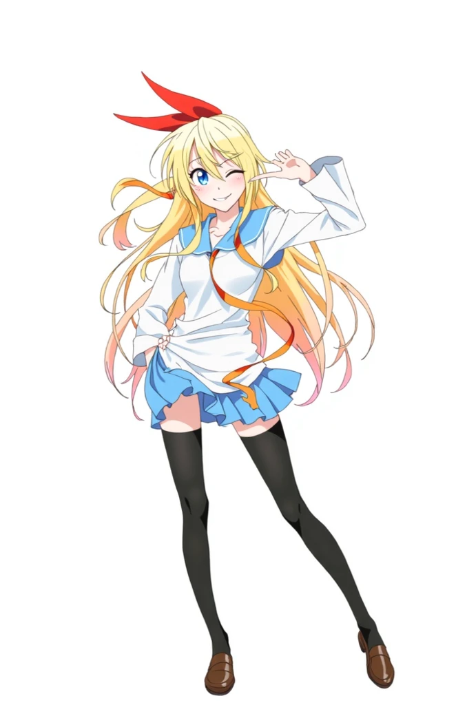 Chitoge Kirisaki, reddish hair tip, red ribbon, blue eyes, blonde hair 