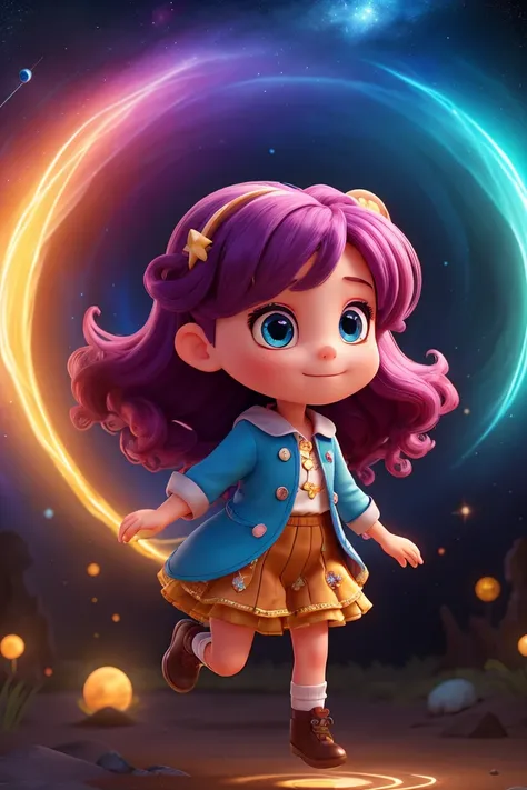 "A cute young girl with long flowing hair, wearing a whimsical outfit, flying through a magical, otherworldly space inside a sleek, futuristic time machine. The space around her is filled with glowing stars, swirling nebulae, and ethereal light trails, cre...