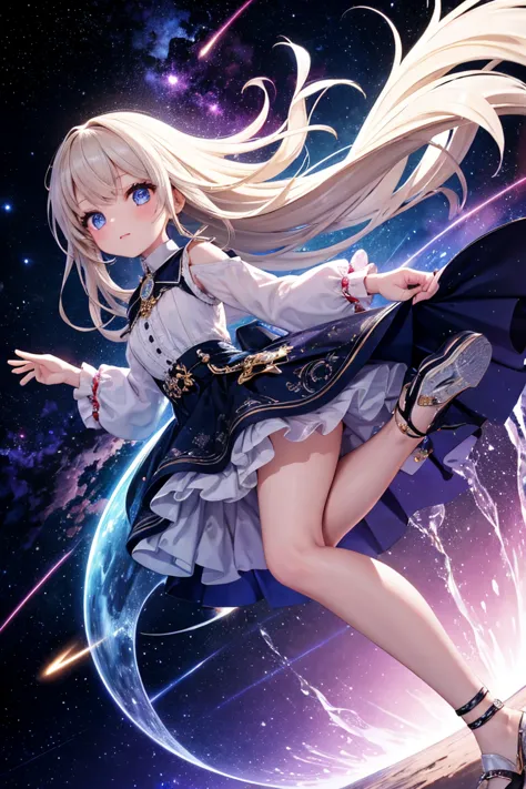 "A cute young girl with long flowing hair, wearing a whimsical outfit, flying through a magical, otherworldly space inside a sleek, futuristic time machine. The space around her is filled with glowing stars, swirling nebulae, and ethereal light trails, cre...