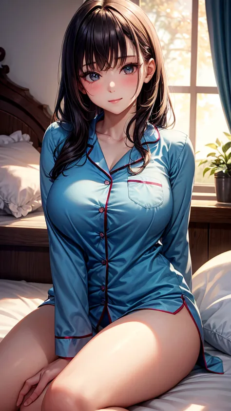 A beautiful and cute girl is sitting on the bed in a seductive position, ultra detailed, 8k, Natural big breasts, untra sexy, Wearing cute pajamas 