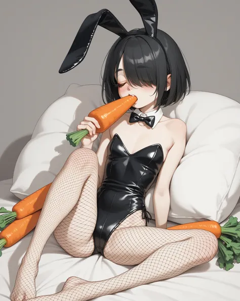 (furry rabbit face:0.9), girl , skinny , bob cut , beautiful hair over the eyes , Long eyelashes , Overbite , baggy black bunny suit , Oversized
, Fishnet stockings
, (pull out 1 carrot from ass crack) , (orgasm:0.1)
, bold pose , hold knees by hands , sle...