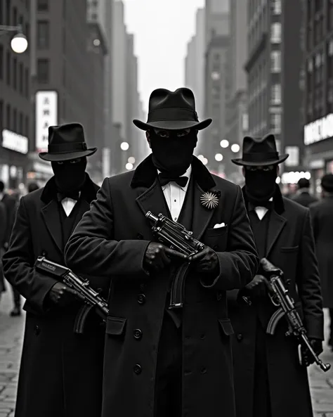 ((Black and Whitemovie poster))，Black and White，Chicago cityscape in 1920s America，Italian Mafia members armed with Thompson M1928 wearing black Giorgio Armani suits and coats， Italian ，Robber style hiding their faces with scarves，A scene from the movie Th...