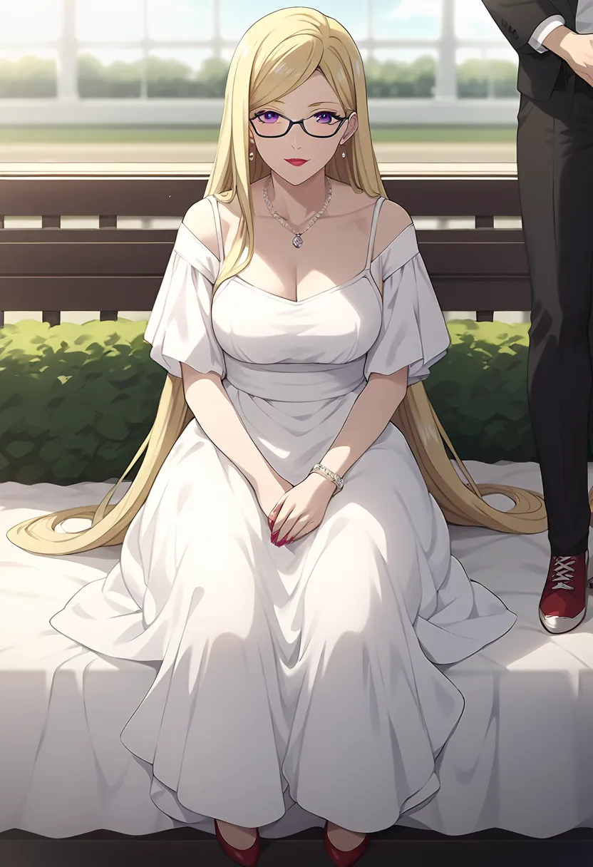 Bishamon, solo, mature, blonde hair, long hair, violet eyes, lipstick, pale skin, black glasses, white dress, black pants, red shoes, necklace, earring, natural expression, sitting on the chair, natural pose, front view, long medium shot, wedding backgroun...