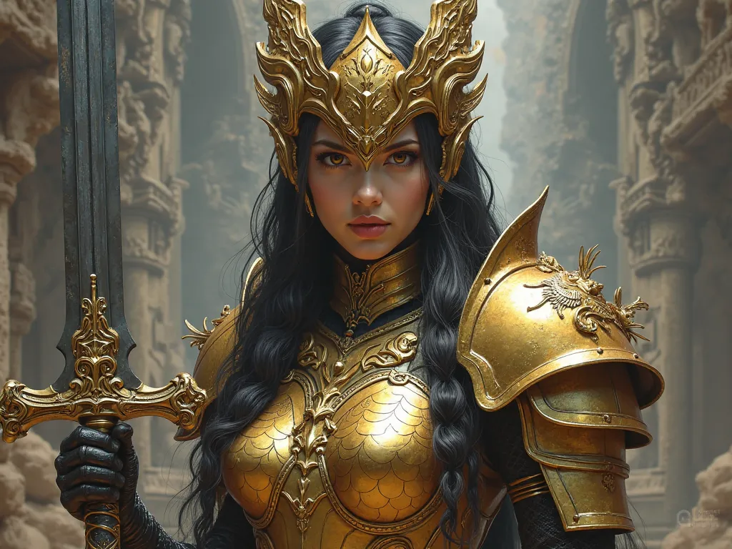 The right hand has a big sword, gold helmet, Gold dragon armor, Black-haired woman in her 20s article