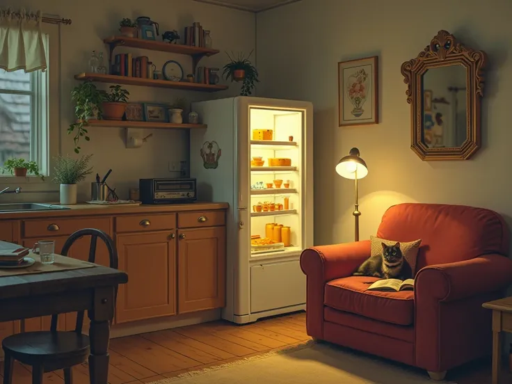  kitchen. The kitchen has a slightly open refrigerator, lamp on the refrigerator that shows cheese and juice. There is a. The kitchen has a sofa, on which the cat is sitting and the book is lying. The kitchen has a cabinet on the wall, mirror on the wall w...