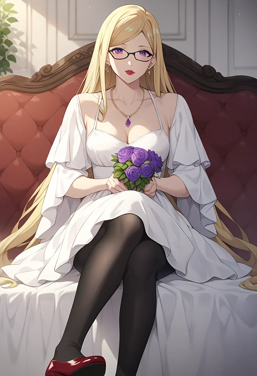 Bishamon, solo, mature, blonde hair, long hair, violet eyes, lipstick, pale skin, black glasses, white dress, black pants, red shoes, necklace, earring, natural expression, sitting on the chair, holding flowers, front view, long medium shot, photoshot stud...