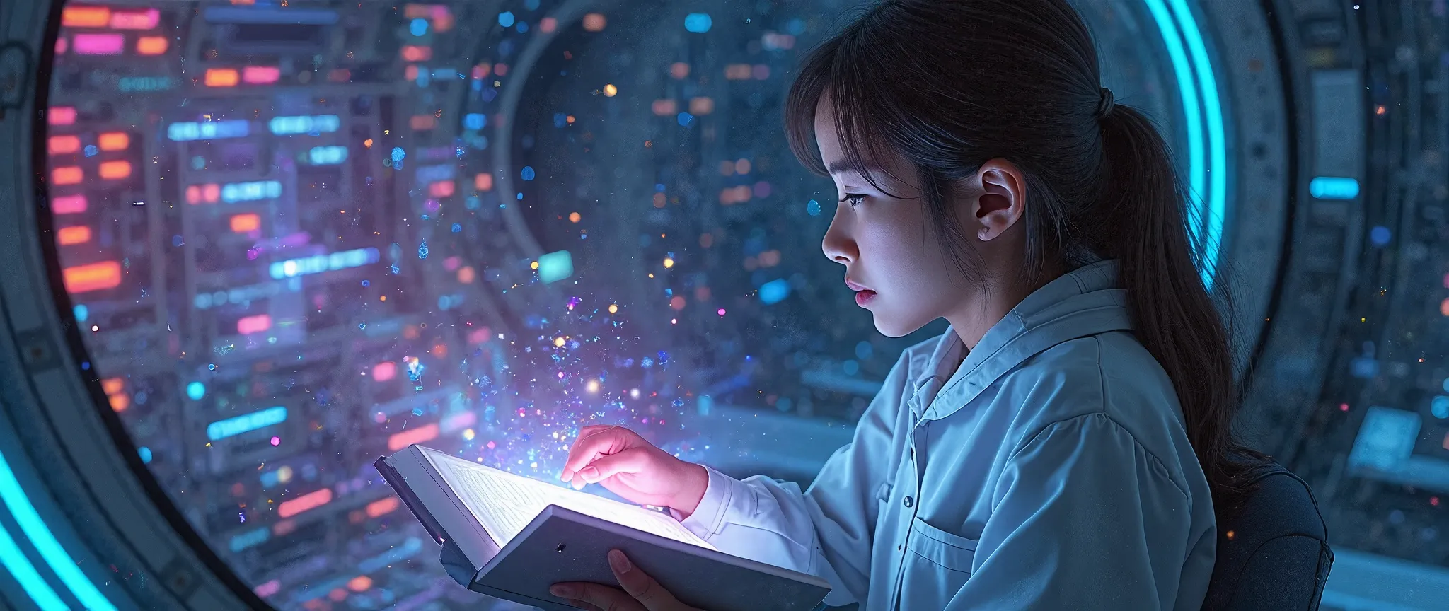 An 18-year-old student is learning physics in space. She reads books. A moment of enlightenment falls upon her in the form of streaks of light, creating a neon effect.