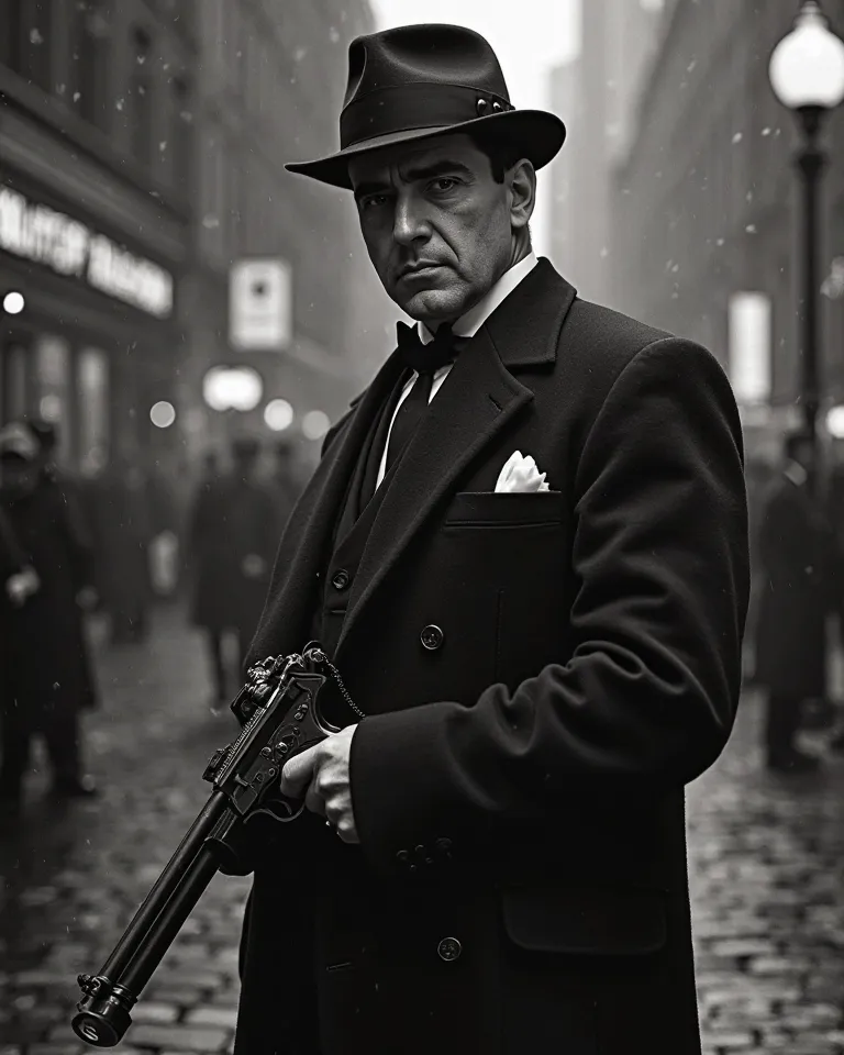 ((Black and Whitemovie poster))，Black and White，Chicago cityscape in the 1920s，Italian Mafia member armed with a Thompson M1928 wearing a black Giorgio Armani suit or coat２people，イタリアpeople，Al Pacino，A scene from the movie The Godfather，high resolution, , ...