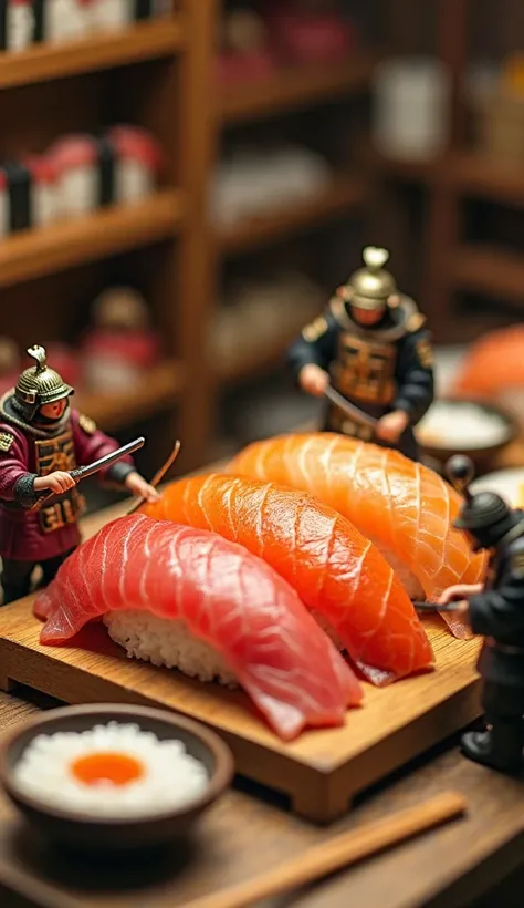 Miniature samurai figures, about 1 cm tall, are in a traditional Japanese sushi kitchen. The kitchen has wooden shelves with various sushi ingredients like fish, rice, and seaweed. The samurai, dressed in colorful kimonos and traditional armor, are prepari...