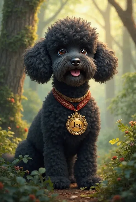 Generate photos of a black toy poodle, With a medal around the neck with written "Joy", Grizzled on chin and ears,  , musino allegro, In an enchanted forest 